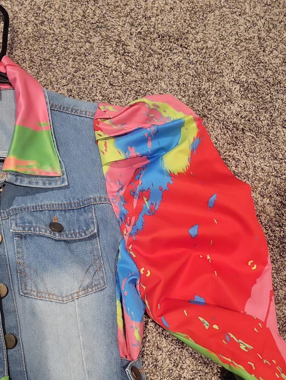 Denim Jacket with Bright Multicolor Splash Sleeves